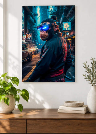 Cyberpunk ape in a glowing blue visor looking back along a neon-lit city street displayed above a console table in a room setting