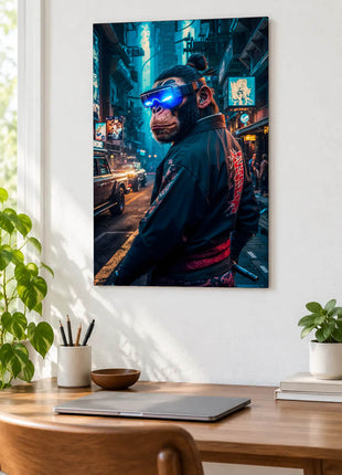 Cyberpunk ape in a glowing blue visor looking back along a neon-lit city street displayed above a desk in a room setting