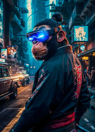 Cyberpunk ape in a glowing blue visor looking back along a neon-lit city street