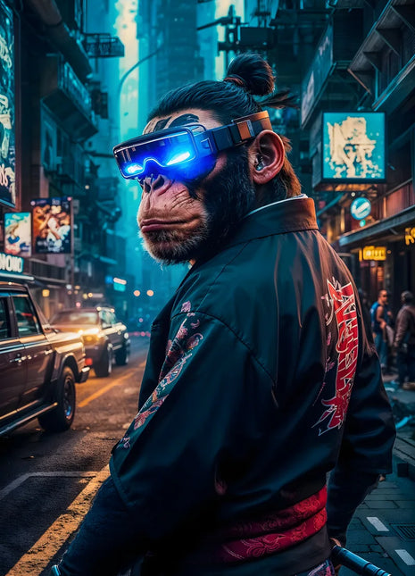 Cyberpunk ape in a glowing blue visor looking back along a neon-lit city street
