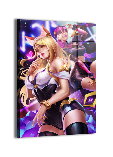 ahri and evelynn by nopeys; sleek metallic sheen, ready to hang.