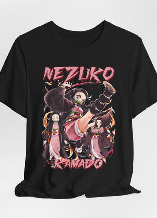 Draped front view of the black Nezuko Kamado Kick Pose Collage Graphic T-Shirt.