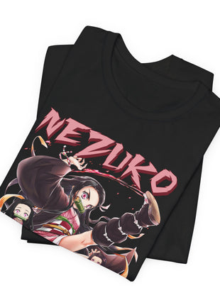 Folded black Nezuko Kamado Kick Pose Collage Graphic T-Shirt showing a close view of the printed character artwork.