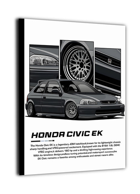 Canvas print with a black and white Honda Civic Ek car design on a white background