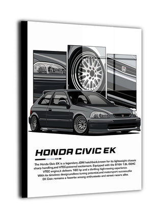 Metal print of a Honda Civic EK with black and white design elements.