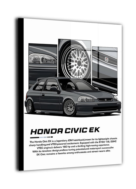 Metal print of a Honda Civic EK with black and white design elements.