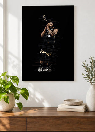 Number 30 Lights Out acrylic wall art displayed above a wooden console with plants and books against a white wall.