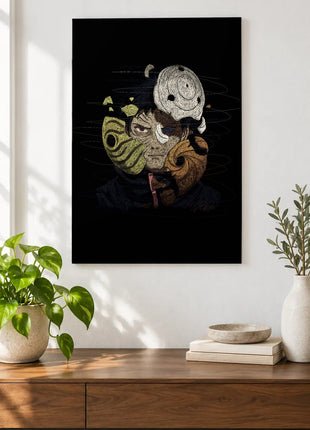 Obito Behind Three Masks acrylic wall art displayed above a wooden console with plants and books against a white wall.