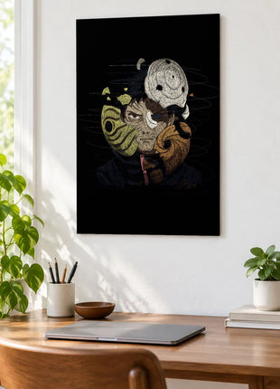 Obito Behind Three Masks acrylic wall art displayed above a wooden desk with a laptop, plants and books against a white wall.