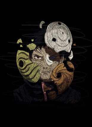 Obito Uchiha portrait surrounded by pale, yellow-green and orange patterned masks against black.