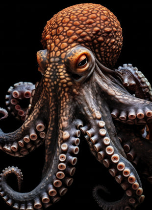 Close-up of an octopus with a pebbled orange-brown head, amber eye and curling dark arms against black.