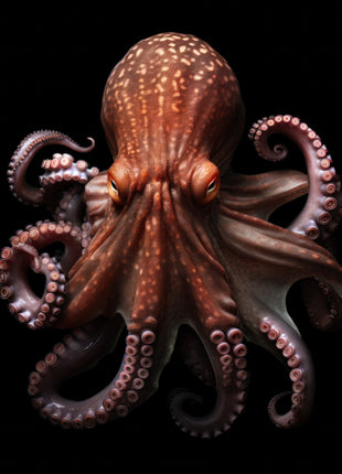 Copper-colored octopus with a spotted head and curling arms lined with pink suction cups against black.
