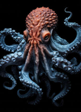 Octopus with a coral-colored head and curling cobalt-blue arms with pale suction cups against black.