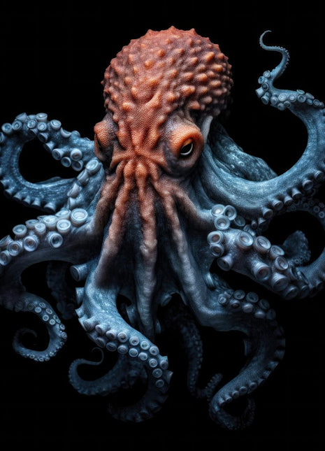 Octopus with a coral-colored head and curling cobalt-blue arms with pale suction cups against black.