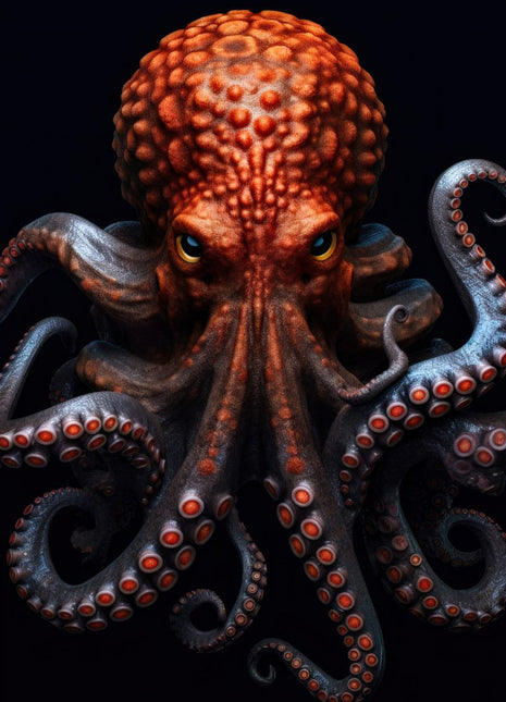 Octopus with an orange-red textured head and dark curling arms with red suction cups against black.