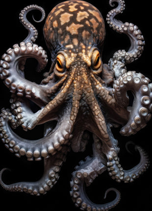 Bronze-and-gray octopus with mottled skin and curling arms lined with pale suction cups against black.
