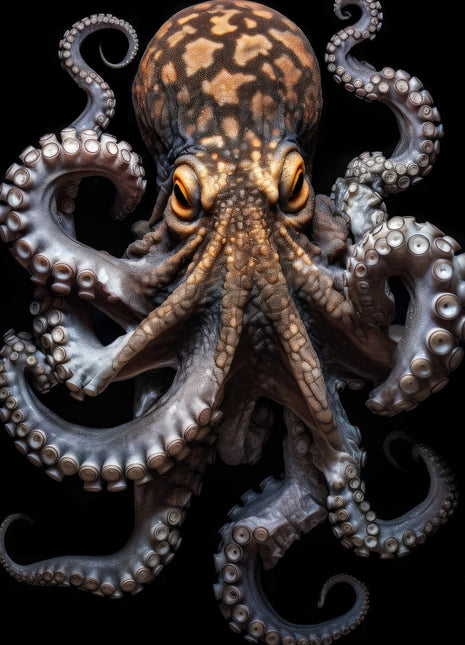 Bronze-and-gray octopus with mottled skin and curling arms lined with pale suction cups against black.