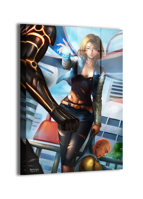 One Punch Man Vs Android 18 Wall Art Acrylic Print, Premium Wall Art by Snapping Turtle Gallery