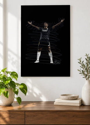 Open Arms in the Dark Kit acrylic wall art displayed above a wooden console with plants and books against a white wall.