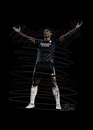 Open Arms in the Dark Kit: shows a football player standing with both arms spread wide in a dark Real Madrid uniform.