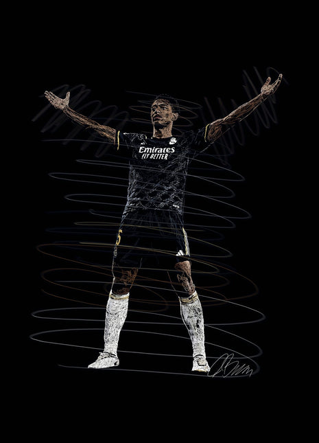 Open Arms in the Dark Kit: shows a football player standing with both arms spread wide in a dark Real Madrid uniform.