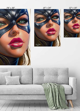 Emerald Vigil — Batgirl DC portrait by Aurelio Rigoni displayed in a modern room.