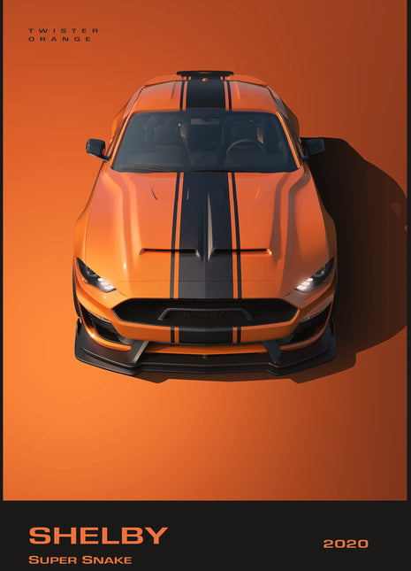 Orange striped sports coupe seen from above in Orange Overdrive wall art, full artwork with dark graphic border