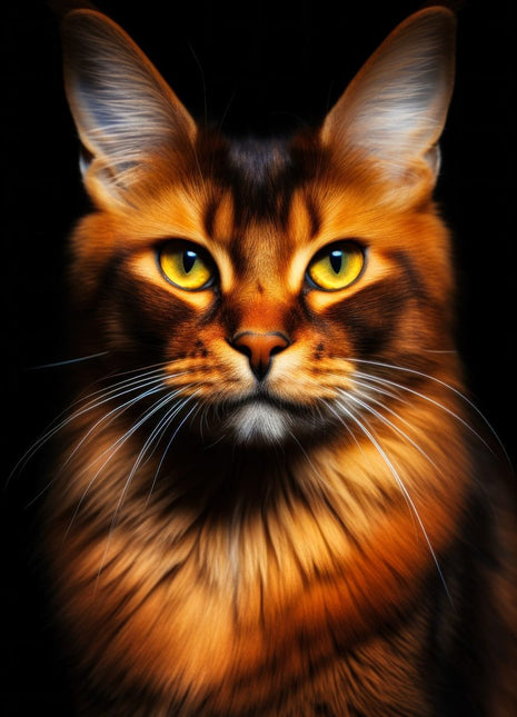 Orange tabby facing forward with golden yellow-green eyes, tall ears, dark stripes and a full golden ruff against black.