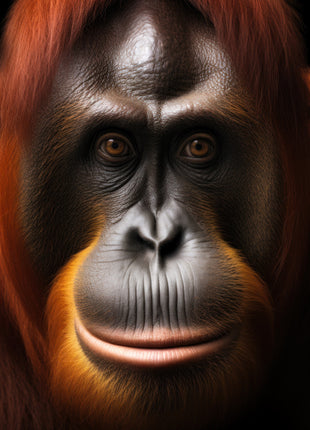 Close orangutan face with a long silver-gray muzzle, amber eyes and auburn fringe against black.