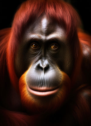 Orangutan facing forward with sweeping red fringe, pale gray muzzle and russet shoulders on black.