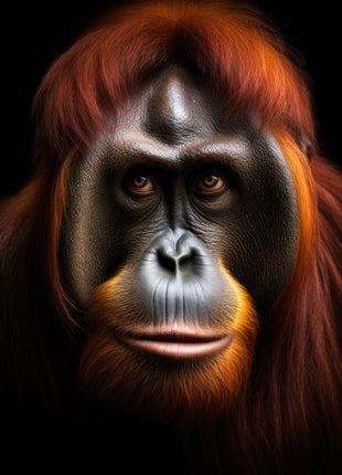 Front-facing orangutan with long auburn hair, dark cheeks and golden fur around the muzzle against black.