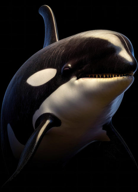Black-and-white orca turning toward the viewer with a tall dorsal fin against black.