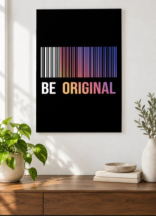 Original by Design acrylic wall art displayed above a wooden console with plants and books against a white wall.