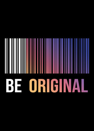 Multicolored barcode above BE ORIGINAL lettering on a black background.