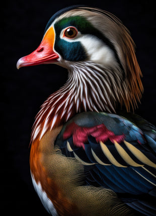 Colorful duck facing left with red bill, white facial stripes and blue-green and orange feathers.