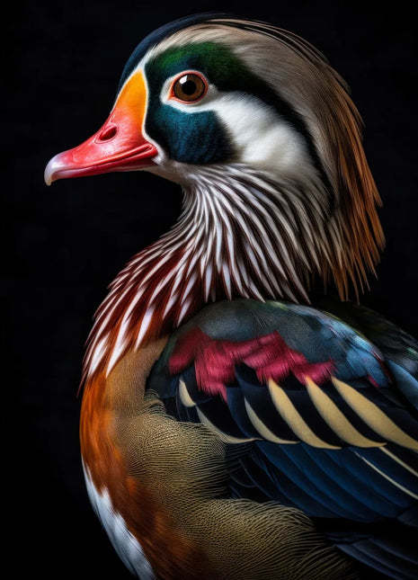 Colorful duck facing left with red bill, white facial stripes and blue-green and orange feathers.