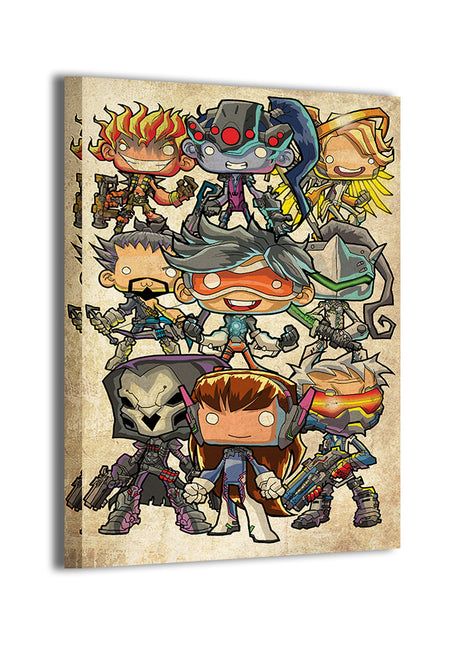 Cartoon-style Overwatch characters art print, pop-culture wall decor for collectors