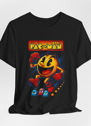 Gathered black T-shirt front with running Pac-Man, three ghosts and a curved trail of yellow dots.