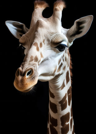 Pale cream and brown giraffe turning slightly left against a black background.
