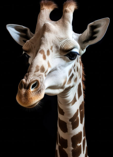 Pale cream and brown giraffe turning slightly left against a black background.
