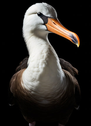 Pale-headed seabird with long orange bill, white chest and dark wings against black.
