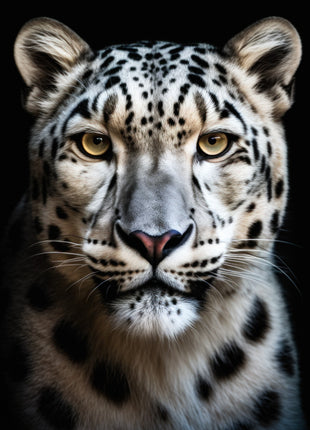 Pale spotted big cat with warm eyes, dark markings, cream cheek fur and a softly shaded muzzle on black.