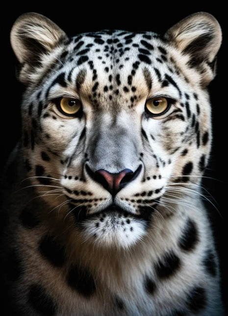 Pale spotted big cat with warm eyes, dark markings, cream cheek fur and a softly shaded muzzle on black.