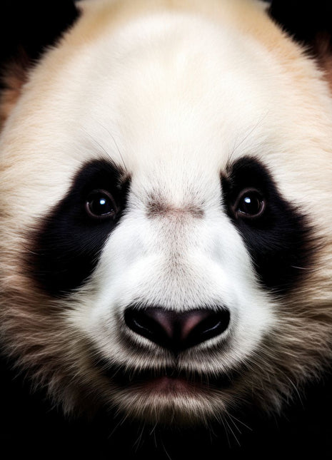 Tightly framed panda face with warm cream fur, dark eye patches and a rounded black nose.