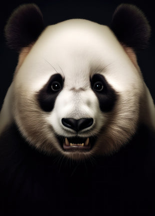 Front-facing panda with cream forehead and a slightly open mouth showing small teeth against black.