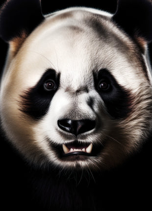 Front-facing panda with rounded black ears, dark eye patches and a slightly open mouth on black.