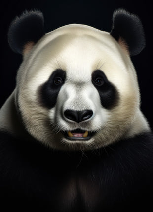 Centered panda with rounded ears, broad dark shoulders and a slightly open mouth on black.