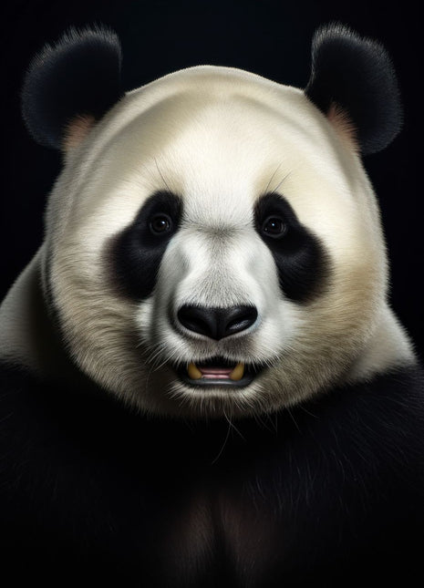 Centered panda with rounded ears, broad dark shoulders and a slightly open mouth on black.