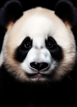 Panda close-up with rounded cream cheeks, black eye patches and a small closed mouth against black.