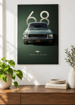 Patina Sixty-Eight car wall art displayed above a walnut console against a white wall